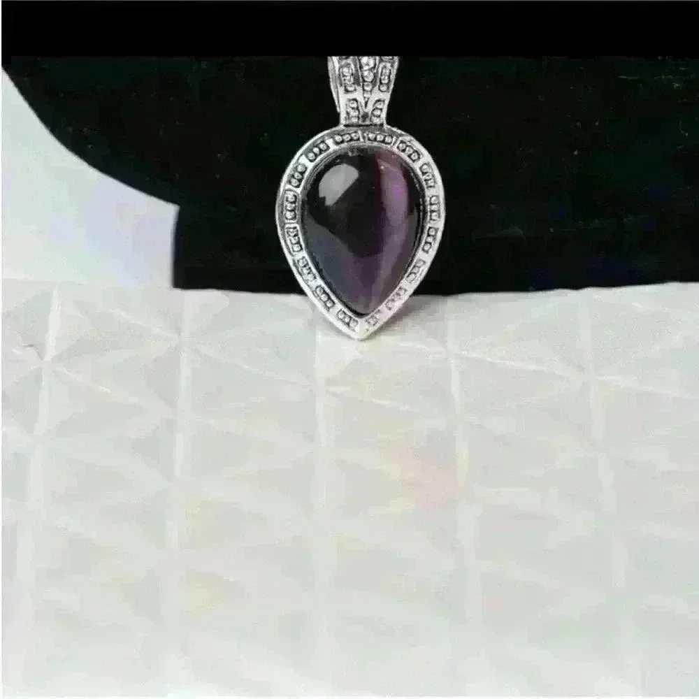 Purple Teardrop Stone Boho Pendant Silver Tone -Amethyst Style